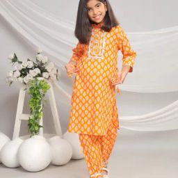Misbis Girls Orange Comfort Fit Printed Kurta Set-image-87