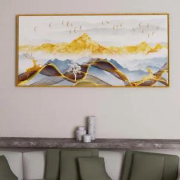 Art Street Gold & Blue Dear & Birds On Mountain Large Panel Wall Art Print-picture-44