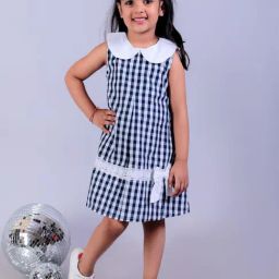 The Mom Store Girls Navy Cotton Chequered Casual Dress-picture-24