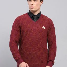 Monte Carlo Maroon Regular Fit Self Pattern Pullover-5