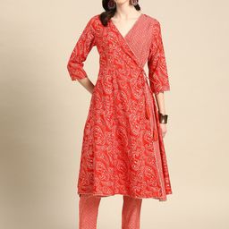 Sangria Women Red Ethnic Motifs Printed Angrakha Gotta Patti Kurta with Trousers-image-84