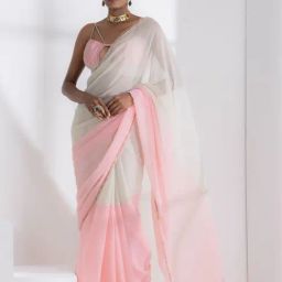 Swtantra Pink & Off-White Plain Saree With Unstitched Blouse-picture-12