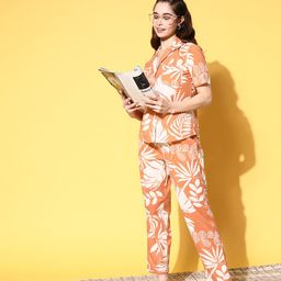 SANSKRUTIHOMES Women Orange & White Pure Cotton Floral Printed Night suit-image-90