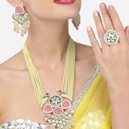 Zaveri Pearls Green & Pink Beaded Multistrand Bridal Necklace Earring & Ring Set-ZPFK12906-10