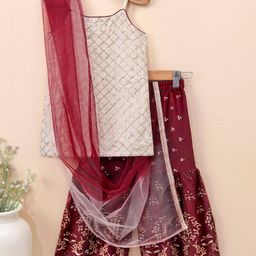 Babyhug Sleeveless Kurti & Sharara with Dupatta with Sequins Detailing & Floral Embroidery - Beige & Maroon-image-18