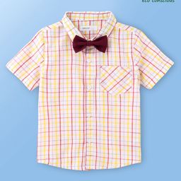 Babyoye 100% Cotton Woven Solid Dyed Half Sleeves Checked Shirts with Bow - Yellow Maroon & White-image-44