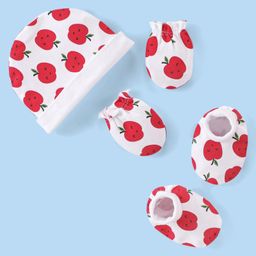 Babyhug 100% Cotton Knit Cap Mittens & Booties Apple Print - Red-image-56
