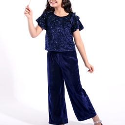 Hola Bonita Half Sleeve Sequinned Velvet Top with Velvet Pant - Navy Blue-picture-22