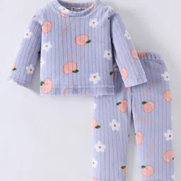 Kookie Kids Full Sleeves Winter Wear Night Suit With Floral & Fruits Print - Purple-picture-33