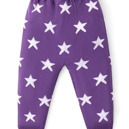 Babyhug Knit Full Length Fleece & Woollen Pant with Star Embroidery - Purple & White-image-31