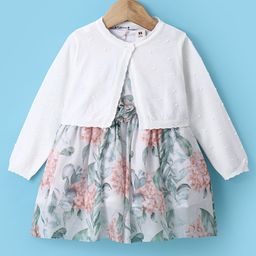 ToffyHouse Cotton Woven Full Sleeves Solid Shrug with Floral Printed Frock - White-image-74