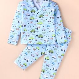 Smarty Boys 100% Cotton Knit Full Sleeves Front Open Car Printed Night Suit - Light Blue-image-61
