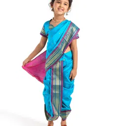 Bhartiya Paridhan Silk Nauvari Saree with Half Sleeves Zari Blouse - Firozi-picture-19
