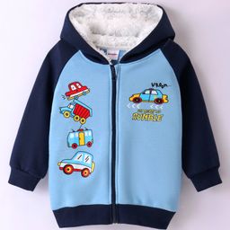 Kookie Kids Fleece Knit Full Raglan Sleeves Front Open Hooded Sweatjacket With Vehicles Print - Blue-image-99
