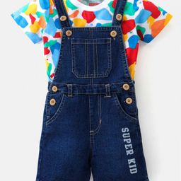 Babyhug Single Jersey Knit Dungaree with Half Sleeves T-Shirt Abstract & Text Print - Blue & White-picture-5