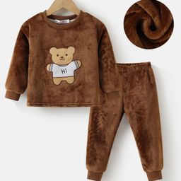 Kookie Kids Full Sleeves T-Shirt & Lounge Pants Winter Wear Set With Teddy Applique - Brown-image-14