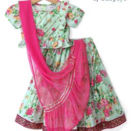 Babyoye Cotton Woven Half Sleeves Choli Lehenga Set with Dupatta & Floral Print & Frill Detailing - Green-picture-23