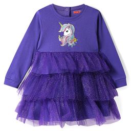 Babyhug Cotton Knit Full Sleeves Layered Frock with Shimmer Detailing & Unicorn Print - Purple-image-6