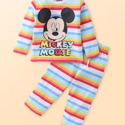 Babyhug Disney Cotton Knit Full Sleeves Striped Night Suit With Mickey Mouse Graphics - Red-image-72