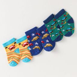 Doodle Poodle Cotton Knit Ankle Length Socks With Vehicle & Space DesignPack of 3 - Green Yellow & Blue-image-8
