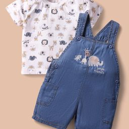 ToffyHouse Denim Knit Half Sleeves Animal Printed Tee & Dungaree Set - Navy Blue & White-image-89