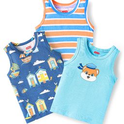 Babyhug 100% Cotton Single Jersey Knit Antibacterial Sandos With Stripes & Boat Print Pack Of 3 - Blue Light Blue & Orange-image-68