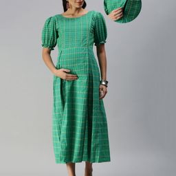 Swishchick Cotton Half Puffed Sleeves Striped Maternity Dress With Nursing Access - Teal-image-25