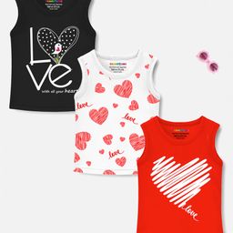 Trampoline Cotton Blend Pack Of 3 Sleeveless Hearts & Typography Printed Tees - Red Black & White-picture-13