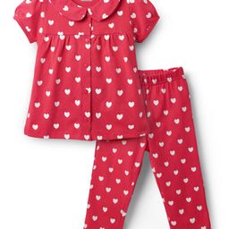 Babyhug Cotton Knit Half Puffed Sleeves Co-ords Front Open Peter Pan Collared Night Suit with Hearts Print - Red-image-99