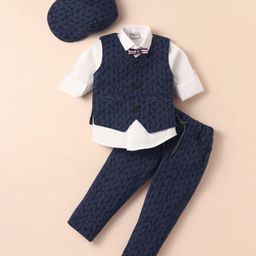Dapper Dudes Full Sleeves Shirt With Abstract Printed Waistcoat Bow Cap & Pant Set - Navy Blue-image-63