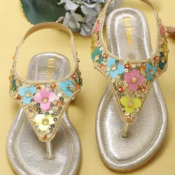 LIL PITAARA Sequin Embellished Zari Sandals - Gold-picture-0