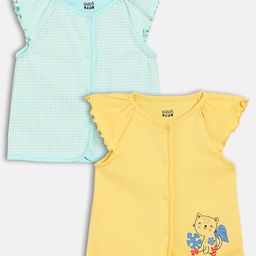 MINI KLUB Cotton Knit Pack Of 2 Cap Sleeves Cat Printed & Checked Jhablas - Blue & Mustard-image-67