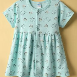 Tango Interlock Knit Half Sleeves Front Open Frock with Rainbow Print - Aqua Blue-picture-7