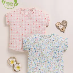Cot & Candy Organic Muslin Cotton Knit Pack Of 2 Half Sleeves Checked & Floral Printed Tops - Strawberry & Spring-picture-40
