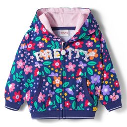 Babyhug Cotton Knit Full Sleeves Front Open Hooded Sweatjacket with Kangaroo Pocket Floral Print - Navy Blue-picture-22