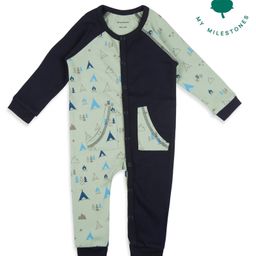 My Milestones 100% Cotton Knit Full Sleeves Camping Theme Printed Romper - Navy Blue & Sage Green-picture-44