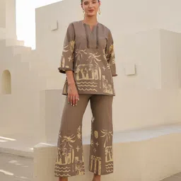 JISORA Women's Grey Printed Cotton Top With Trousers Co-Ord Set-image-60