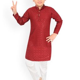Little Needle Boys Embroidered Regular Chikankari Kurta with Trousers-image-60