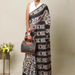 Unnati Silks Black Cotton Printed Saree With Unstitched Blouse-image-1