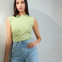 VIRGIO Green Cotton Solid Short Sleeves Top-picture-14