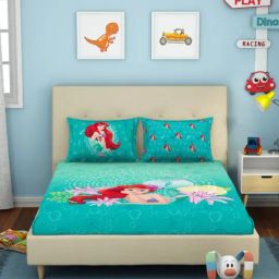 Spaces Character based Aqua Green 180 TC Cotton Queen Bed Sheet with 2 Pillow Covers-image-96