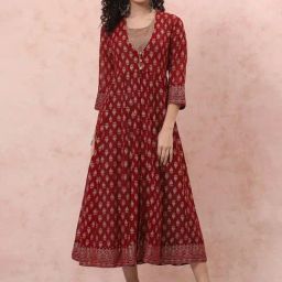 Rangriti Red Printed A-Line Dress With Jacket-image-49