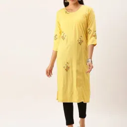 SHOWOFF Yellow Cotton Embroidered Calf Length Straight Kurta-picture-17