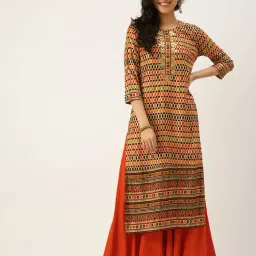 SHOWOFF Multicolor Cotton Geometric Calf Length Straight Kurta-picture-20