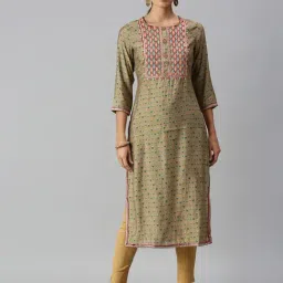 SHOWOFF Olive Cotton Embroidered Calf Length Straight Kurta-image-53