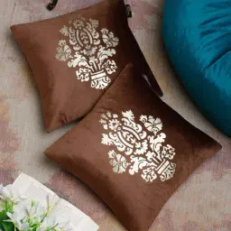 HOSTA HOMES Brown & Golden Velvet Zippered Cushion Cover - Set of 2-image-99