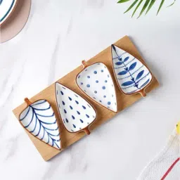 Nestasia Leaf-Shaped Ceramic Blue & White Glossy Serving Platter with tray(Set of 1 Tray & 4 Plates)-21