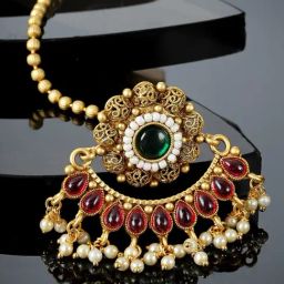 Panash Gold Plated Handcrafted Stone Studded & Pearl Beaded Maang Tikka-image-19