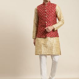 SOJANYA Men Beige Floral Printed Kurta with Pyjamas & Nehru Jacket-3