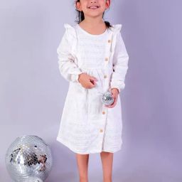 The Mom Store Girls White Cotton Textured Casual Dress-picture-40